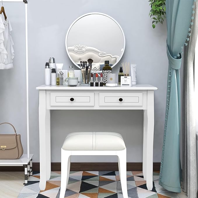 Kids Study Desk, 32" Small Wooden Writing Desk with 4 Drawers for Home Office, 6-16 Years Girls Boys Study Table with Hutch for Bedroom Study Room, Compact Computer Desk, Vanity Makeup Table, White