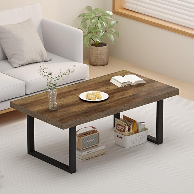 IBF Farmhouse Coffee Table, Modern Simple Wood Coffee Tables for Living Room, Industrial Minimalist Rectangle Center Table, Wood and Metal Tea Coffee Table for Home Office Bedroom, Rustic Oak, 39 in