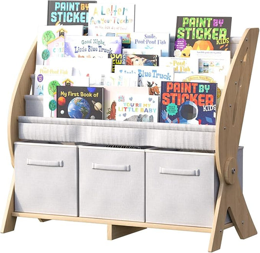 Kids Bookshelf 4 Tier Toddler Book Rack Baby Bookcase with 3 Toy Storage Organizer Cube Bins Fabric Sling Children Bookshelf for Boys Girls Kids Room Nursery Palyroom Book Display Shelf Wood
