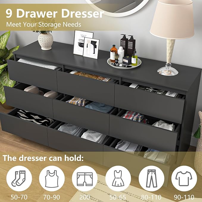 Black Dresser for Bedroom, Modern Long 9 Drawer Dresser with Deep Drawer, Wide Wood Storage Chest of Drawer for Living Room