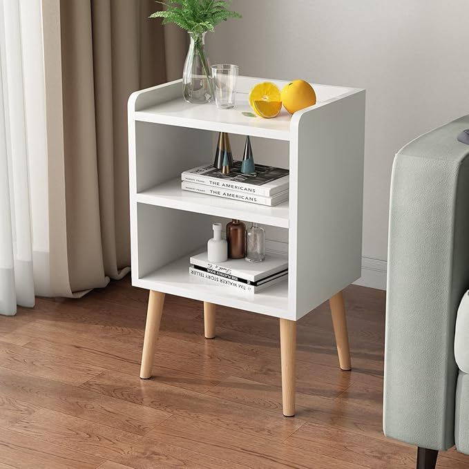 LUCKNOCK Mid Century Modern Nightstand, White Wood Bedside Table, 3 Tier Tall End Side Table with Open Storage Shelves, Small Night Stand for Bedroom, Kids Room & Small Spaces.
