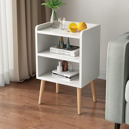 LUCKNOCK Mid Century Modern Nightstand, White Wood Bedside Table, 3 Tier Tall End Side Table with Open Storage Shelves, Small Night Stand for Bedroom, Kids Room & Small Spaces.