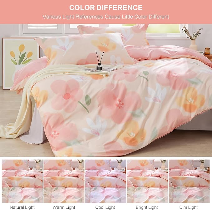 SAPHREAS Pink Floral Duvet Cover Set 3pcs Queen Size Garden Style Blossom Flower Printed Bedding Comforter Cover Set 100% Cotton 1 Duvet Cover 90"x90" 2 Pillow Shams, Comforter Not Included