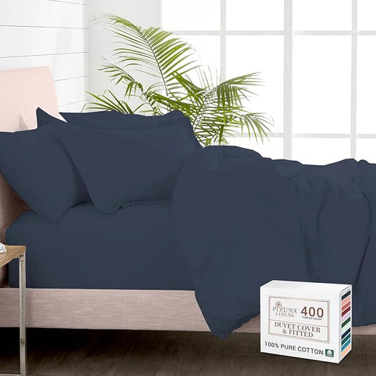 Pizuna 100% Cotton King 3 Pc Duvet Cover + 1 Pc Fitted Sheet Set 400 Thread Count Dark Blue Sateen Weave Luxurious Long Staple Cotton 4 Piece Bedding Set -1 Duvet Cover, 2 Pillow Shams, 1 Fitted Sheet
