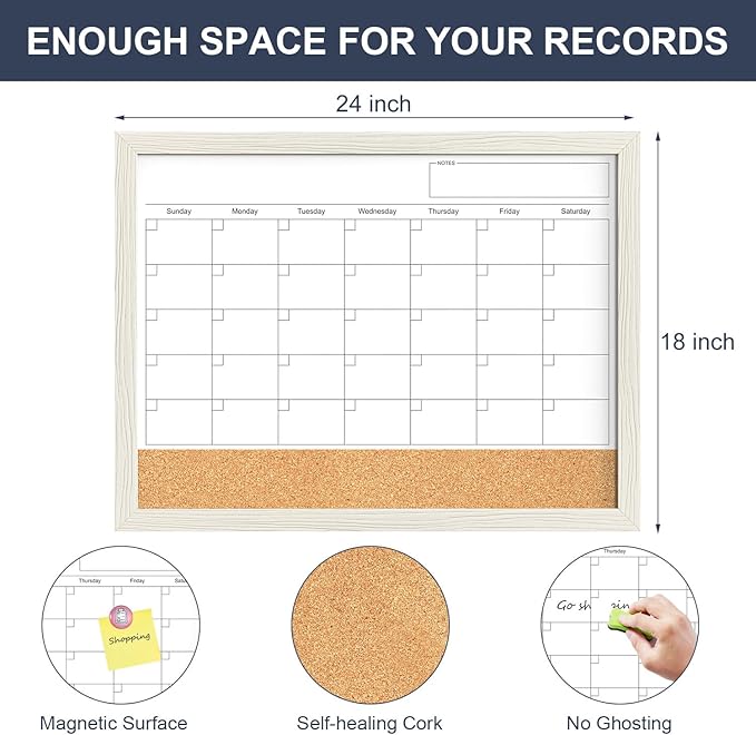 Calendar Whiteboard for Wall, 18x24 Inches Whiteboard Calendar Cork Board Combo, Magnetic Monthly White Board with Wood Framed, Hanging Dry Erase Board for Kitchen Home Office School Planner