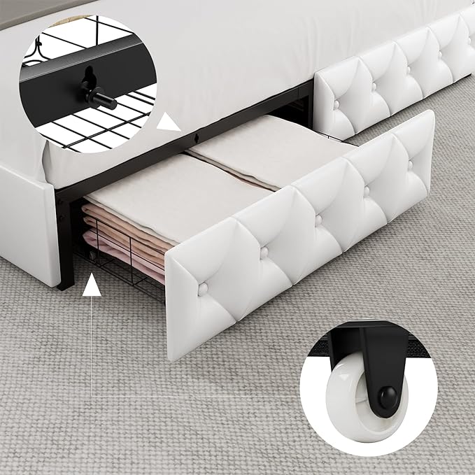 Keyluv Full Upholstered LED Bed Frame with 4 Drawers, Pu Leather Platform Storage Bed with Adjustable Button Tufted Headboard and Solid Wooden Slats Support, No Box Spring Needed, White