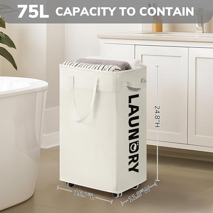 Goodpick Laundry Hamper with Wheels, 75L College Dorm Room Essentials, Clothes Hamper with Removable Wash Bag for Bedroom, Large Laundry Basket with Handle, White