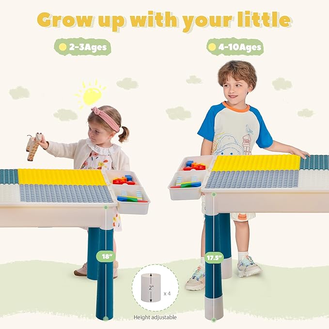 Sandinrayli 7 - in - 1 Kids Activity Table Set with 2 Chairs & 100Pcs Blocks | Water/Sand Play Table for Toddler Age 3-6 (Macaron)