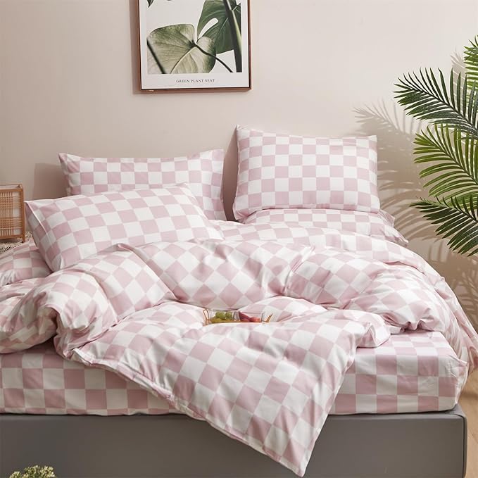 Pink and White Checkered Comforter Set Queen Comforter Set 3 Piece Bedding Set with Lightweight Comforter and 2 Pillowcases Soft Microfiber All-Season