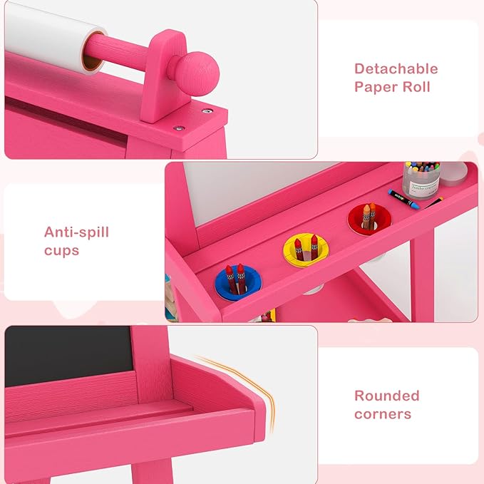 OLAKIDS Easel for Kids, 3 in 1 Adjustable Painting Art Board, Foldable Double-Sided Wooden Drawing Chalkboard Magnetic Whiteboard with Paper Roll, Storage Rack, Cups for Boy Girls (Pink)
