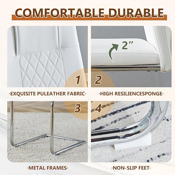 63'' Glass Dining Table Set for 6, Kitchen Table Chairs Set of 6, Clear Glass Dining Table with White unique design Leg and Silver Metal Base, 6 PU Dining Chairs with Metal Legs, Living Room, Kitchen.