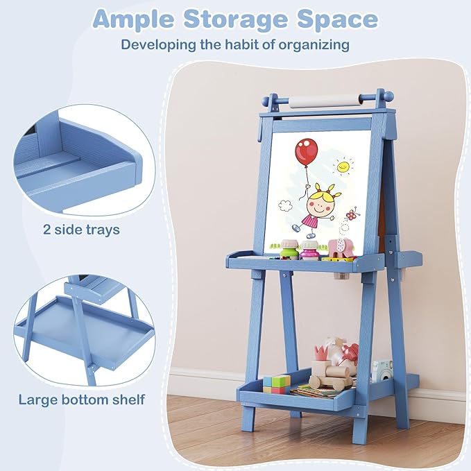 OLAKIDS Easel for Kids, 3 in 1 Adjustable Painting Art Board, Foldable Double-Sided Wooden Drawing Chalkboard Magnetic Whiteboard with Paper Roll, Storage Rack, Cups for Boy Girls (Blue)