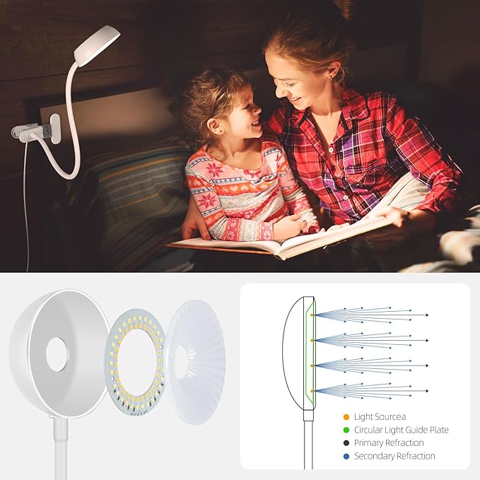 【Clip on Lamp】 10-Level Dimming & 5 Color Modes LED Book Light, Flexible Gooseneck Reading Light for Beds, Desks, Headboards - Eye-Friendly Night Light for Kids/Adults (White)