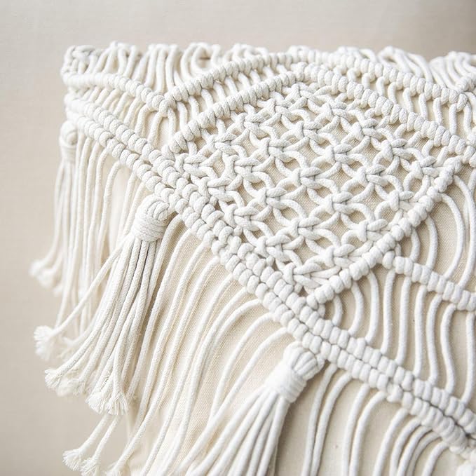 Phantoscope 100% Cotton Handmade Crochet Woven Boho Throw Pillow Farmhouse Pillow Insert Included Decorative Cushion for Couch Sofa Off White 18 x 18 inches