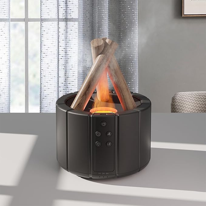 Campfire Flame Fire Diffuser, Bonfire Aromatherapy Essential Oil Diffuser, 250ml Wood Cool Mist Humidifier for Home,Bedroom,Office, Remote Control, Auto Shut-Off, Night Light, Gift (Black)
