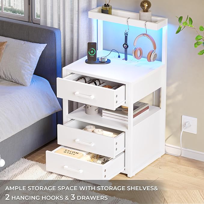 VIAGDO Nightstands Set of 2 with LED Lights, 3 Drawers Night Stands with Charging Station, White Bedside Tables with Storage Shelves, Modern End Side Tables for Bedroom, Office
