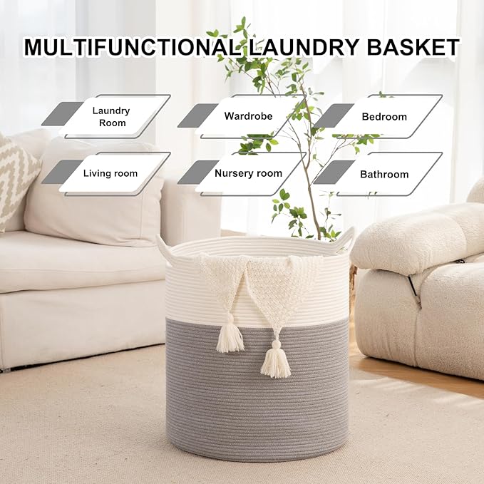 Laundry Basket, 100L Large Laundry Hamper, Tall Woven Rope Storage Basket for Blanket Toys Pillows Towels, Baby Nursery Hamper Bin for Living Room, Bedroom (Grey & White)