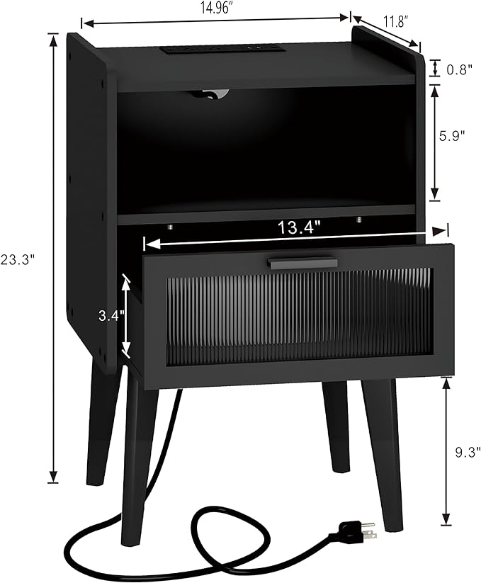 Nightstand with Charging Station, Bedside Tables, End Table Side Table with 2 Tiers Storage Space, for Bedroom, Living Room, Black CAMLBZ07BE