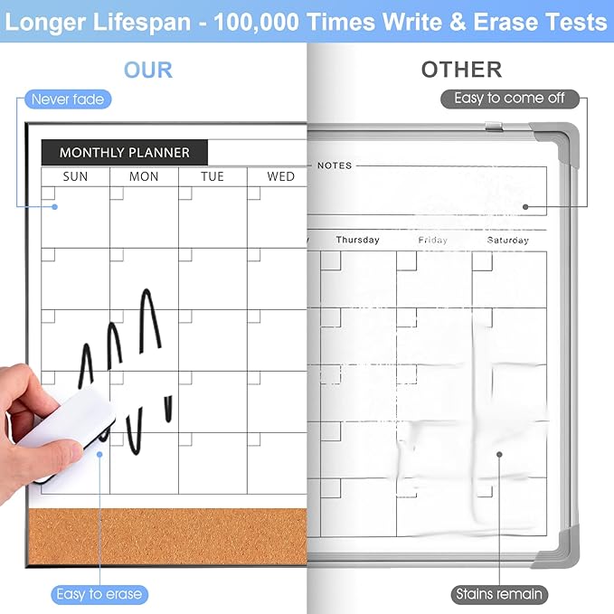 ARCOBIS Dry Erase Calendar with Cork Board for Wall, 24"x 18" Magnetic Calendar Whiteboard with Black Frame, Monthly Combination Board for School, Home, Office
