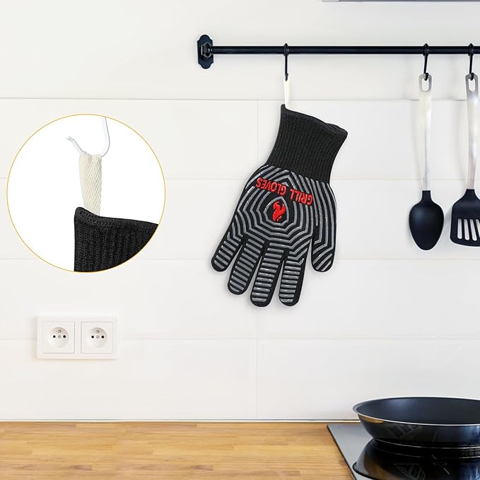 QUWIN BBQ Gloves, Oven Gloves, Grilling Gloves Silicone Non-Slip Oven Mitts, Kitchen Gloves for BBQ, Grilling, Cooking, Baking-1 Pair… (Black, One Size Fits Most)