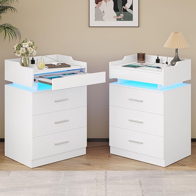 LED Nightstand Set of 2, Large Night Stand with Charging Station, Bedside Table with Pull-Out Shelf and 3 Drawers, Modern End Table Side Table with Storage, White