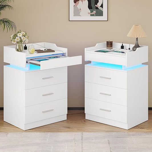 LED Nightstand Set of 2, Large Night Stand with Charging Station, Bedside Table with Pull-Out Shelf and 3 Drawers, Modern End Table Side Table with Storage, White