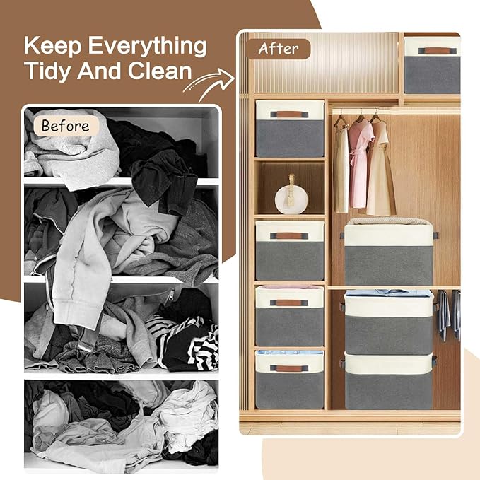 GhvyenntteS Large Fabric Storage Baskets for Shelves with Metal Frame Opening & Hard Bottom Board, Collapsible Fabric Storage Bins for Shelves with Handles (15x11x9.6 Inch, 6 Pack, Grey)