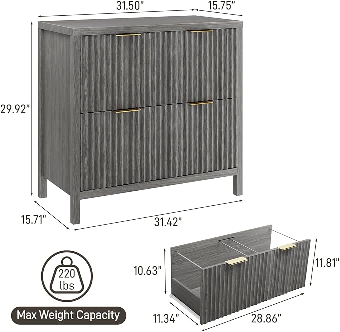 2-Drawer Fluted File Cabinet, Lateral Filing Cabinet for Home Office Printer Stand for A4 Letter Legal Size Documents