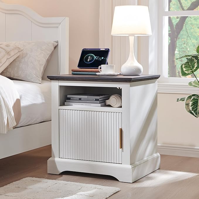 Fluted Nightstand Set of 2, 22" Large Modern Side Table with Charging Station, Wood End Table w/Open Shelf, Bedside Table with Storage Space for Bedroom, Living Room (White)