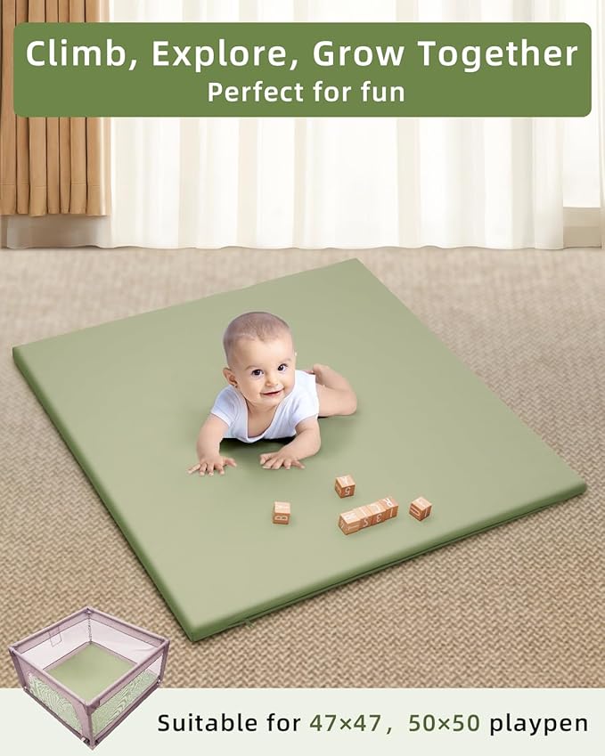 Lansber：1.2" Padded Baby Play Mat 50x50 Playpen Mat- Extra Thick Double-Sided Waterproof Vegan Leather for Infants and Toddlers, Soft and Easy-to-Clean Floor Mat for Crawling & Play