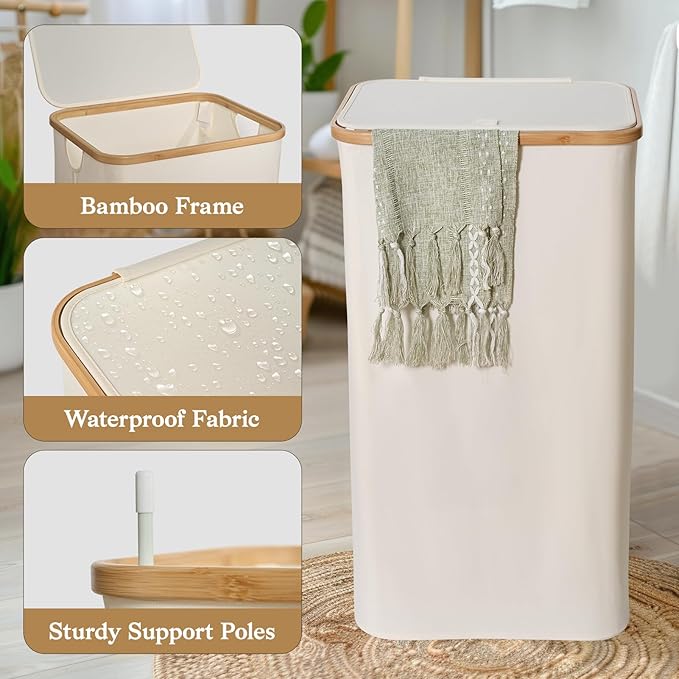 Laundry Hamper with Lid, Large Tall Clothes Basket Bin with Bamboo Handles, Collapsible Laundry Hamper for Bedroom, Bathroom, Dorm, Laundry Room, 100L Beige