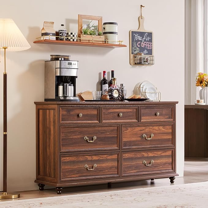 Farmhouse 7 Drawers Dresser for Bedroom, Brown 54 Inch Wide Chest of Drawers w/ 4 Wooden Legs, Large Vintage Rustic Closet Dressers for Living Room, Wood TV Stand with Storage Organizer