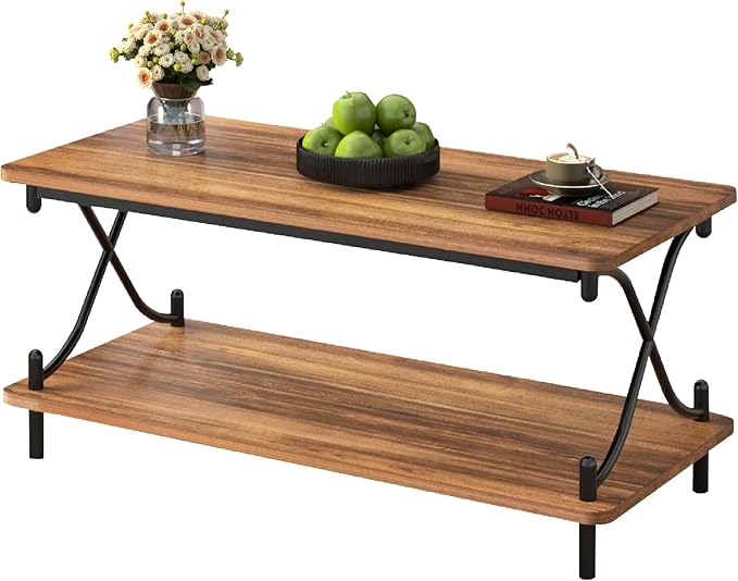 VECELO 39-Inch Coffee Table with Storage and Open Shelves for Living Dining Room, Modern Rectangle & Industrial Design, X-Shape Frame, Brown