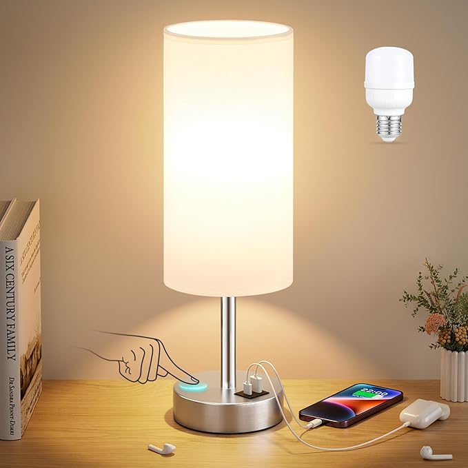 White Touch Bedside Lamp with USB - 3 Way Dimmable Table Lamp for Bedroom, Nightstand Lamp with Nickel Charging Station and Silver LampHolder for Dorm Kids Room, Small