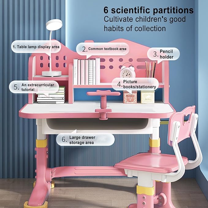 Kids Adjustable Study Desk & Chair Set w/Storage,Drawers,Bookshelf,Child Toddler Writing Homework Table,Little Girl Work Computer Desk,Princess Preschool Desk,Escritorio Mesas para Niña (Pink A)