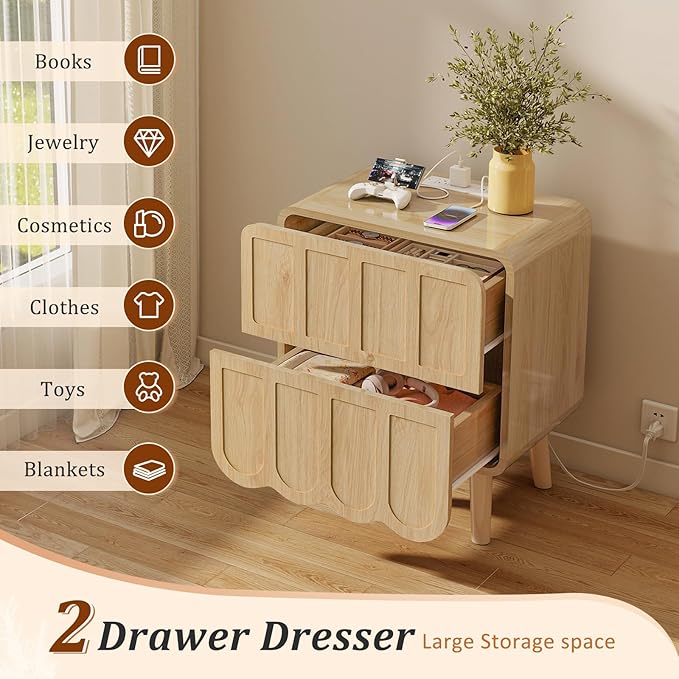 LYNCOHOME Nightstand with Charging Station, 18.9 inch Wide End Table with 2 Drawers, Modern Wood Bedside Table Mid Century Modern Night Stand for Bedroom (Natural)