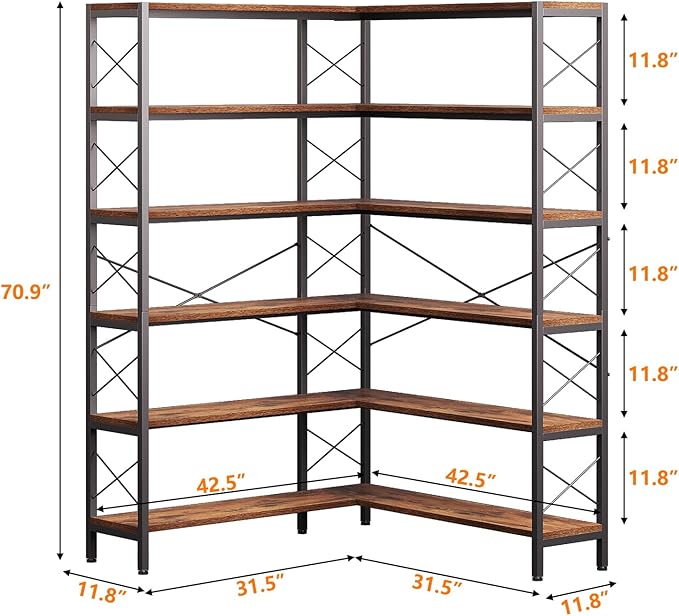 Corner Bookshelves and Bookcases Industrial Corner Etagere Bookcase L Shaped Shelf 6 Tiers with Metal Frame for Living Room Home Office