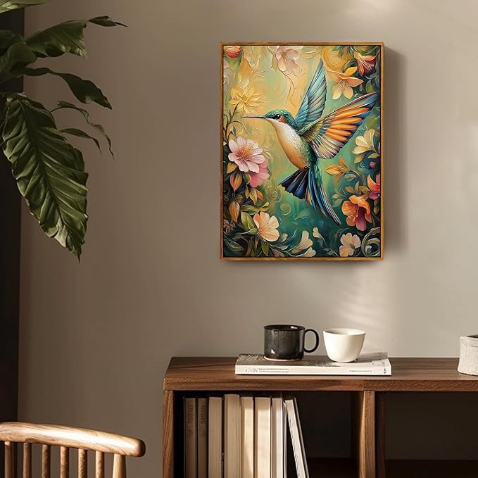 Djmwtb Framed Vintage Wall Art, Colorful Birds Wall Art,Flower Pictures Wall Decor,Nature Botanical Hummingbird Paintings Canvas Artwork Prints for Bedroom, Living Room 16x24in