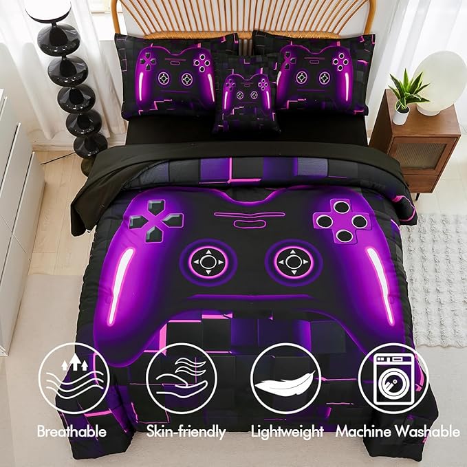 PERFEMET 6 Pieces Gamer Comforter Sets Twin Size Purple Game Console Boys Bed in A Bag 3D Cool Black Gaming Bedding Set for Kids Teen Lightweight Gamepad Bedroom Set(Purple, Twin)
