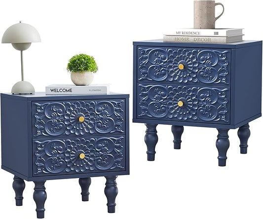 Nightstand, Farmhouse Bedside Table with 2 Drawers and Metal Handles, Wood Sofa Side Table End Table Accent Dresser for Bedroom, Living Room (Blue-2 Packs)