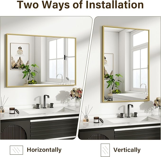 HARRITPURE 28"x20" Framed Bathroom Mirror for Wall Rectangle Mirror Aluminum Alloy Frame Wall-Mounted for Farmhouse Entryway Bedroom Living Room Gold