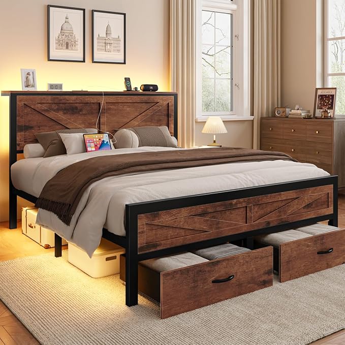 Rustic King Size Bed Frame with Storage Drawers and Barn Door Headboard, Farmhouse LED King Bed Frame with Charging Station, Metal Industrial Platform Bed Frames, No Box Spring Needed, Brown