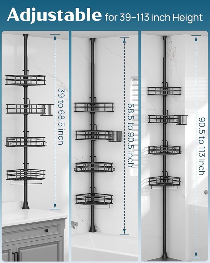 SEIRIONE Corner Shower Caddy Tension Pole, Quick Setup, Rust-Free Bathroom Shower Organizer Corner for Bathtub Shampoo Storage, 4-Tier Adjustable Shelf, Drill Free, Fits 39 to 113 Inch Height, Black