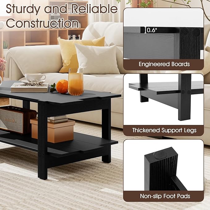GOFLAME Wood Coffee Table with Storage, 2-Tier Irregular Center Table with Open Storage Shelf, Modern Accent Tea Table for Living Room, Home Office, Reception Room (Black)