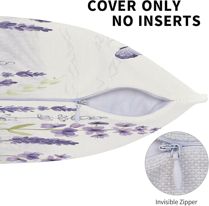 Spring Lavender Pillow Cover 18x18 Inch Set of 2, Purple Flowers Throw Pillow Covers Summer Watercolor Floral Decorations Linen Cushion Covers Farmhouse Home Decor for Sofa Couch Outdoor