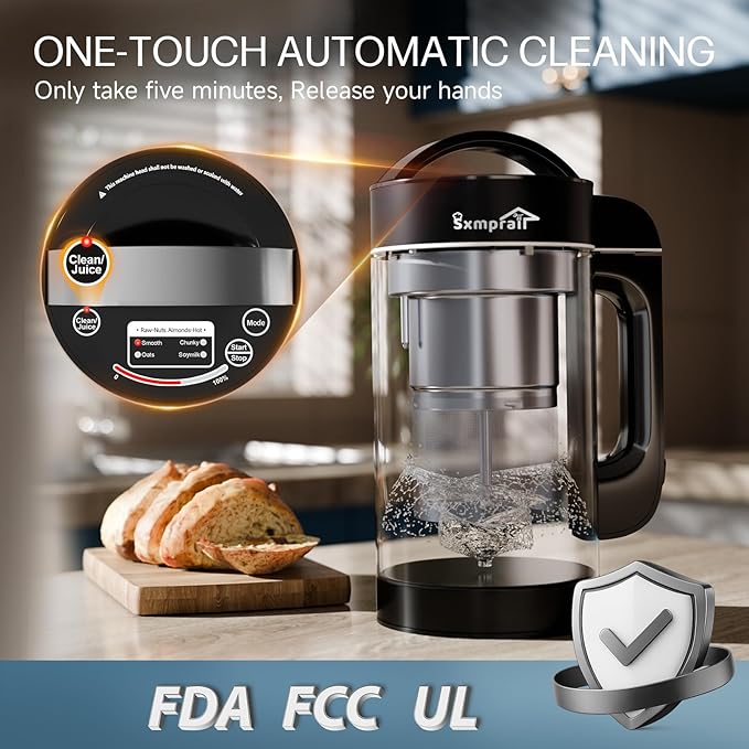 50oz Almond Milk Maker Machine (Built-in Filter) Make Plant Based Milk, Soup & Juice, 6-7 Cups Per Batch, 304 Stainless Steel, 5.3 lb, Automatic Cleaning, 8-IN-1 Nut Milk Maker for Soy & Oat (Black)
