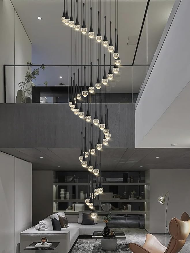 Staircase Chandelier 42-Lights Crystal Ceiling Lights Adjustable Length 197inches Large Chandeliers for High Ceilings, Entryway Lighting Fixture Black