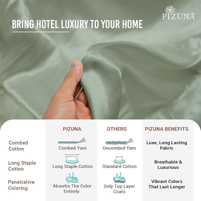Pizuna 100% Cotton Twin 2 Pc Duvet Cover + 1 Pc Fitted Sheet Set 400 Thread Count Sea Foam Sateen Weave Luxurious Long Staple Cotton 4 Piece Bedding Set - 1 Duvet Cover, 1 Pillow Sham, 1 Fitted Sheet