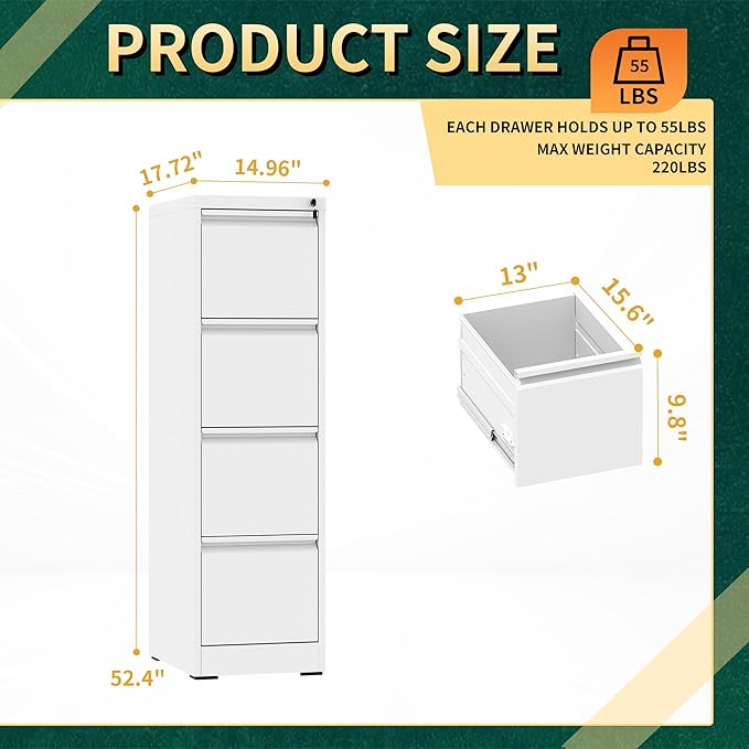 4 Drawer File Cabinet with Lock, Steel Vertical Filing Storage Cabinet for Home Office, Heavy-Duty File Cabinets for Letters/Legal/A4 (Require Assembly, White)
