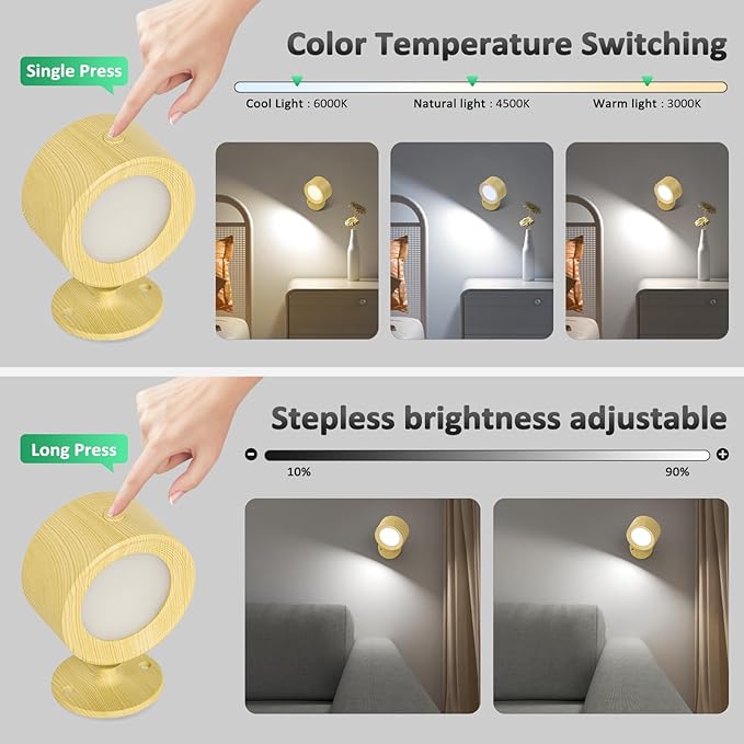Lightbiz LED Wall Sconces, Wall Mounted Lamp with Remote Rechargeable Battery Operated, 3 Color Temperatures & Dimmable Wall Lights Magnetic 360° Rotation Wireless Light